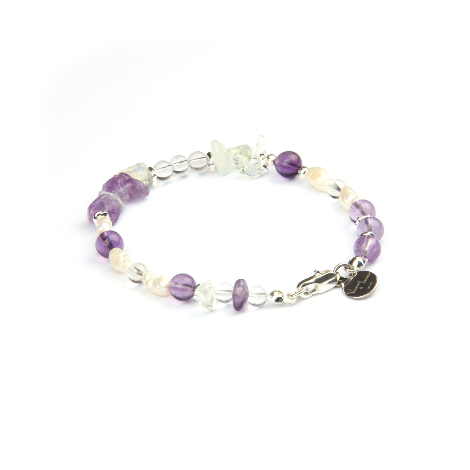 Elegant bracelet with freshwater pearls, 925 silver threaded cat’s eye beads, raw-shaped silver beads, opal, amethyst, and clear quartz