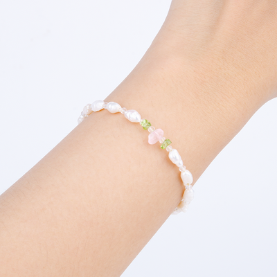 pearl bracelet with rose quartz and peridot  crystal jewelry