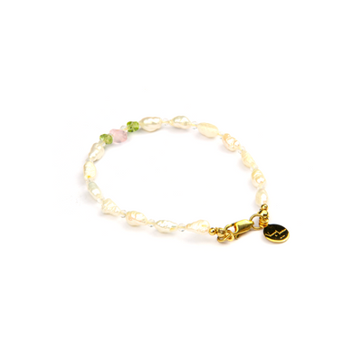 fresh water pearl bracelet with rose quartz and peridot