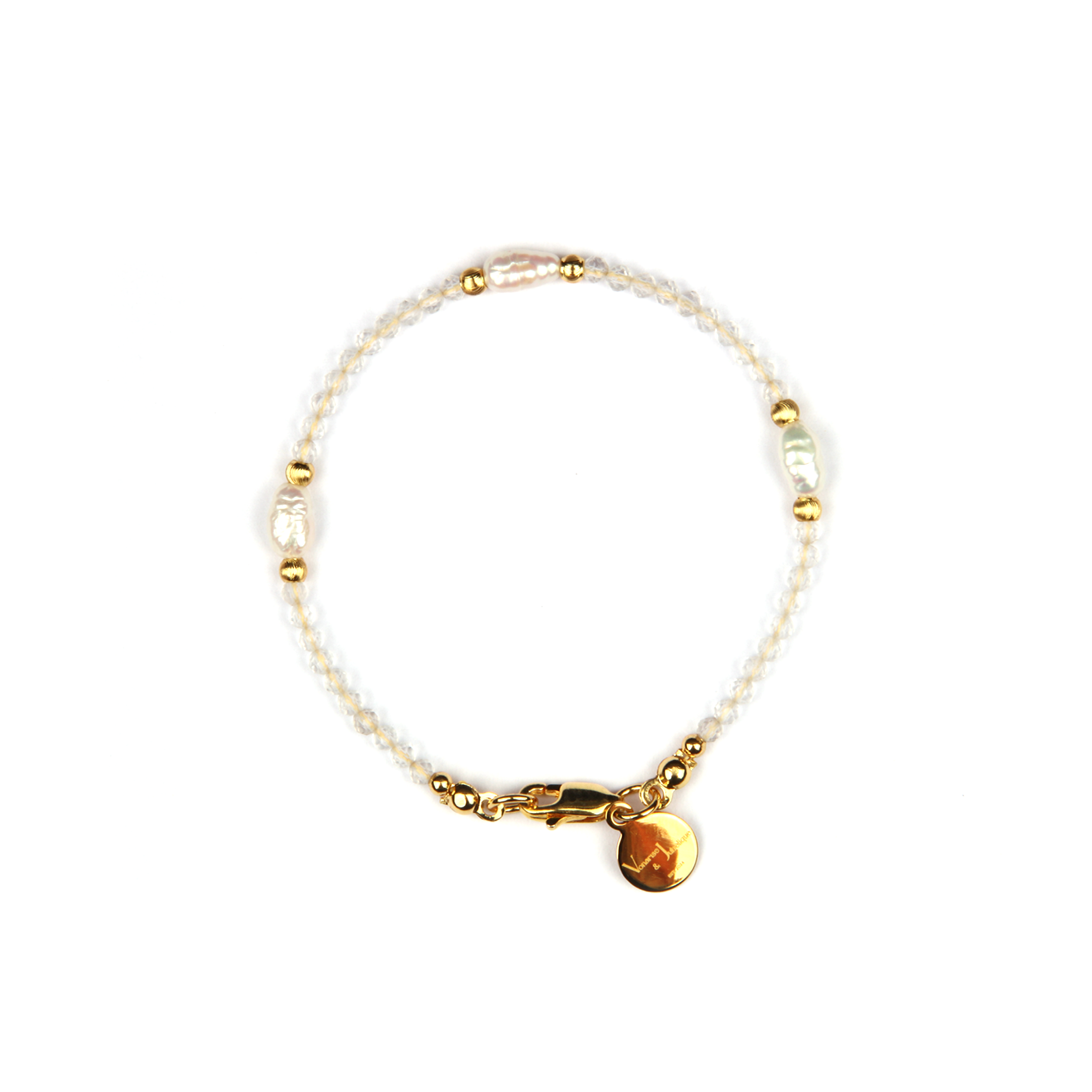 Minimalist extra thin crystal bracelet with freshwater pearls, 2mm faceted clear quartz, and 18K gold cat’s eye threaded beads, 2-5mm overall