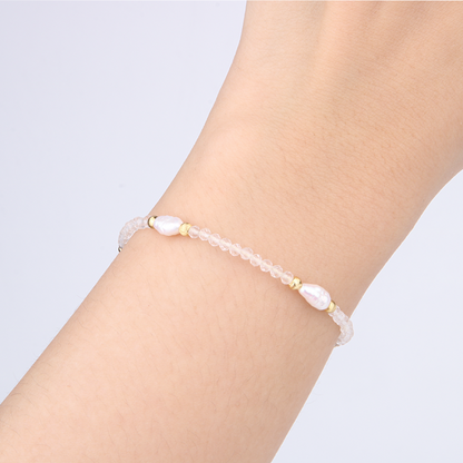 Minimalist extra thin crystal bracelet with freshwater pearls, 2mm faceted clear quartz, and 18K gold cat’s eye threaded beads, 2-5mm overall