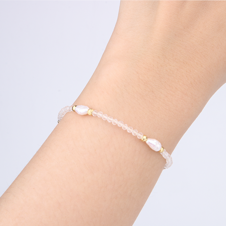 Minimalist extra thin crystal bracelet with freshwater pearls, 2mm faceted clear quartz, and 18K gold cat’s eye threaded beads, 2-5mm overall