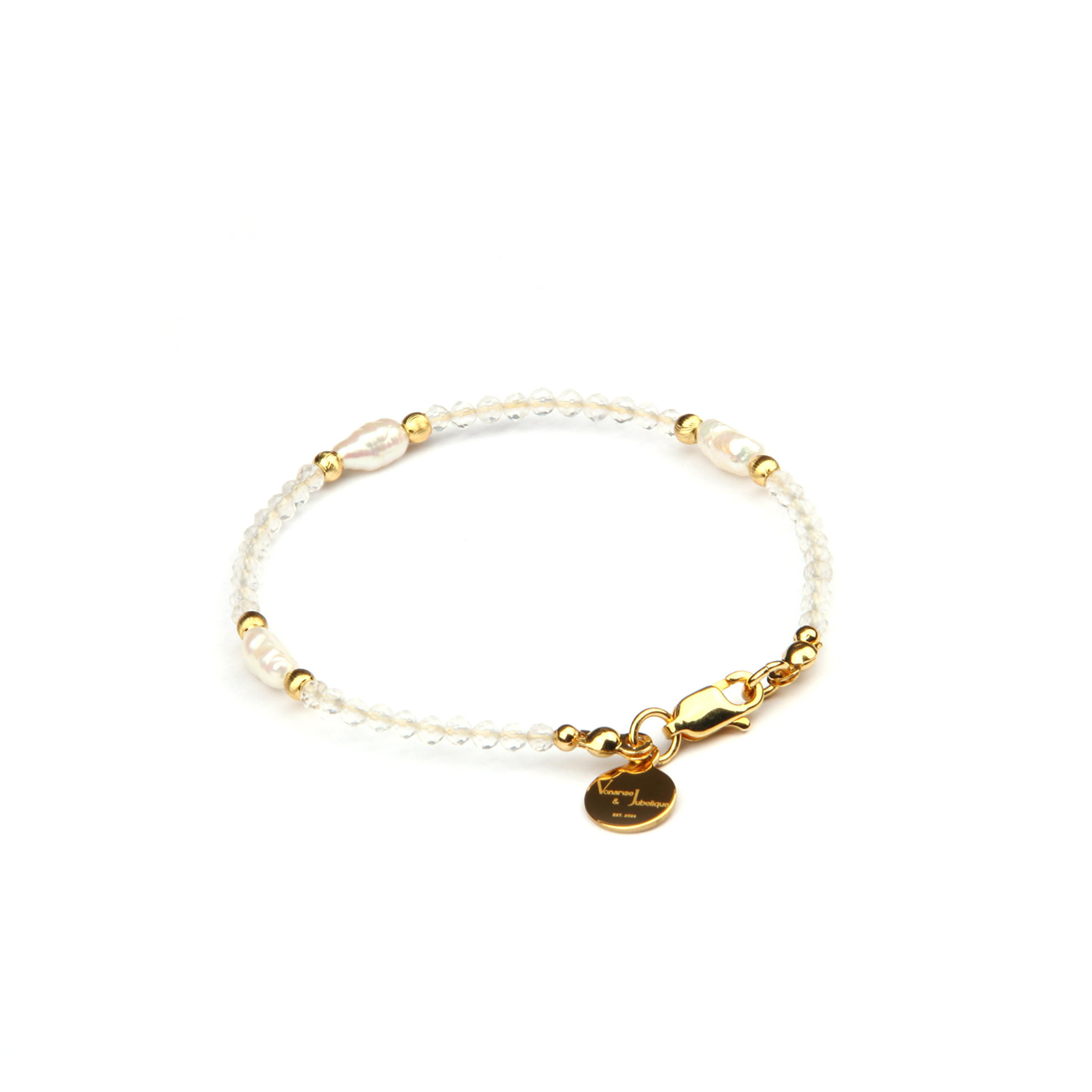 Minimalist extra thin crystal bracelet with freshwater pearls, 2mm faceted clear quartz, and 18K gold cat’s eye threaded beads, 2-5mm overall