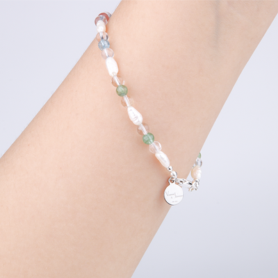 fresh water pearl with 6mm rainbow tourmaline with 5mm clear quartz bracelet for women gift for girl friend