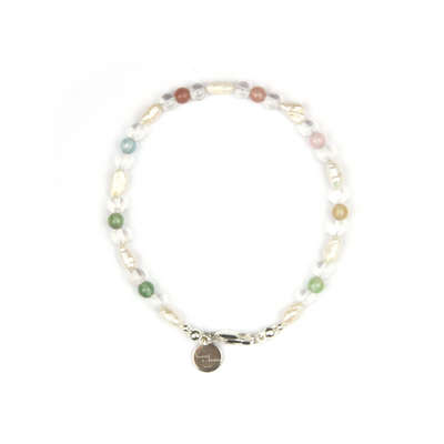 fresh water pearl with 6mm rainbow tourmaline with 5mm clear quartz bracelet for women gift for girl friend