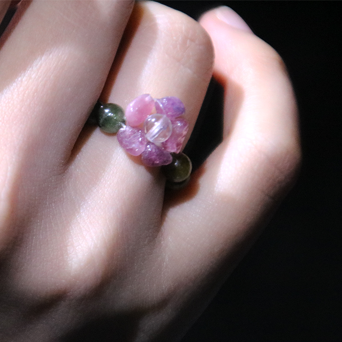 Pink & Green Tourmaline with Clear Quartz Flower Beaded Ring