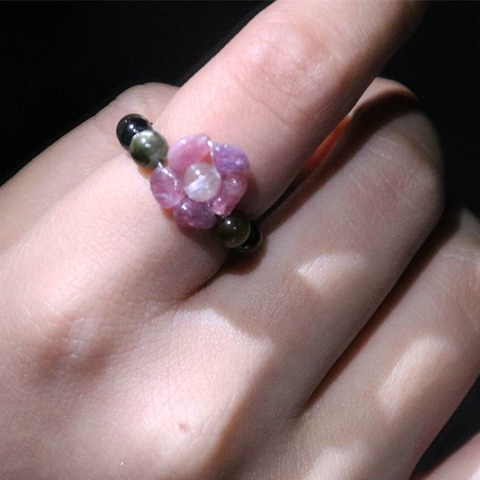 Pink & Green Tourmaline with Clear Quartz Flower Beaded Ring