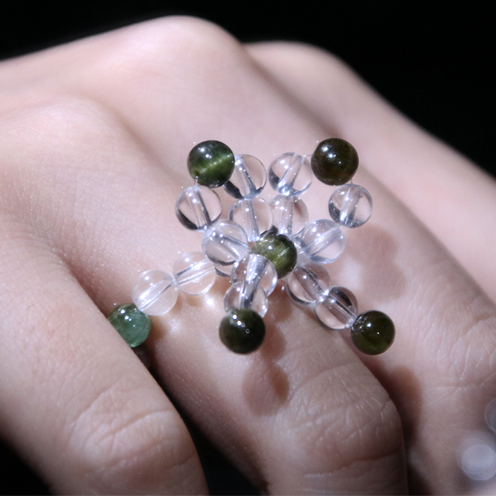Green Tourmaline & Clear Quartz Ribbon Beaded Ring