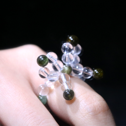 Green Tourmaline & Clear Quartz Ribbon Beaded Ring