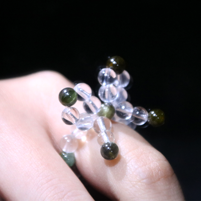 Green Tourmaline & Clear Quartz Ribbon Beaded Ring