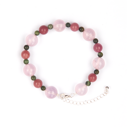 pink and green tourmaline with starlight rose quartz crystal bracelet for love attraction and energy protection