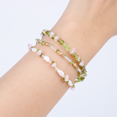 stackable crystal bracelet in peridot and rose quartz