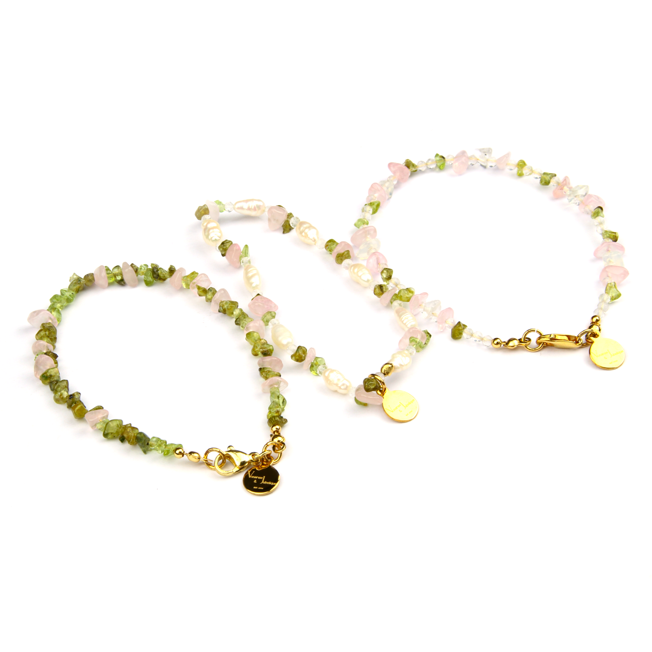 elegance garden vibe chip crystal bracelet with peridot and rose quartz