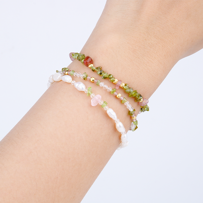 stackable dainty bracelet in natural shape peridot and rose quartz
