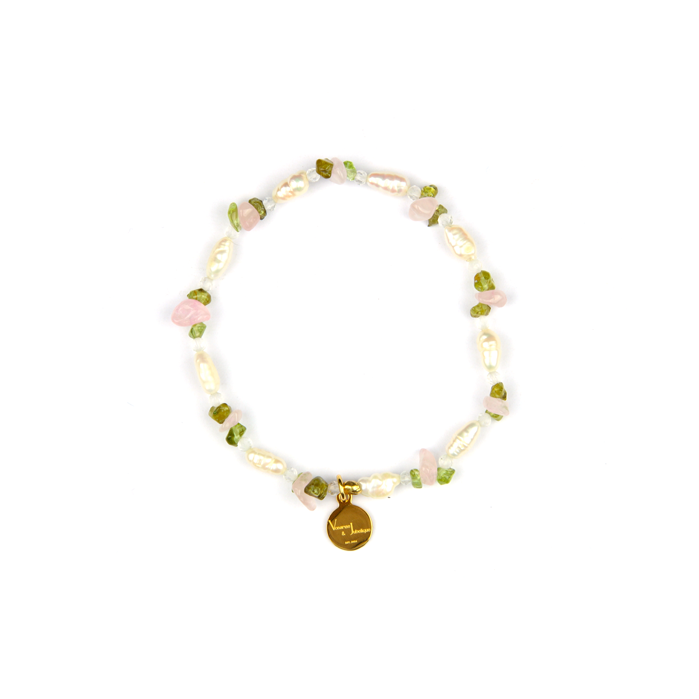 raw shape freshwater pearl with peridot and rose quartz bracelet