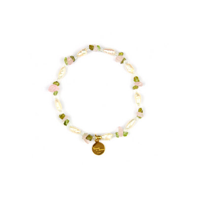 raw shape freshwater pearl with peridot and rose quartz bracelet