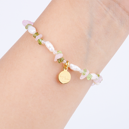 flower aesthetic crystal jewelry in rose quartz and peridot