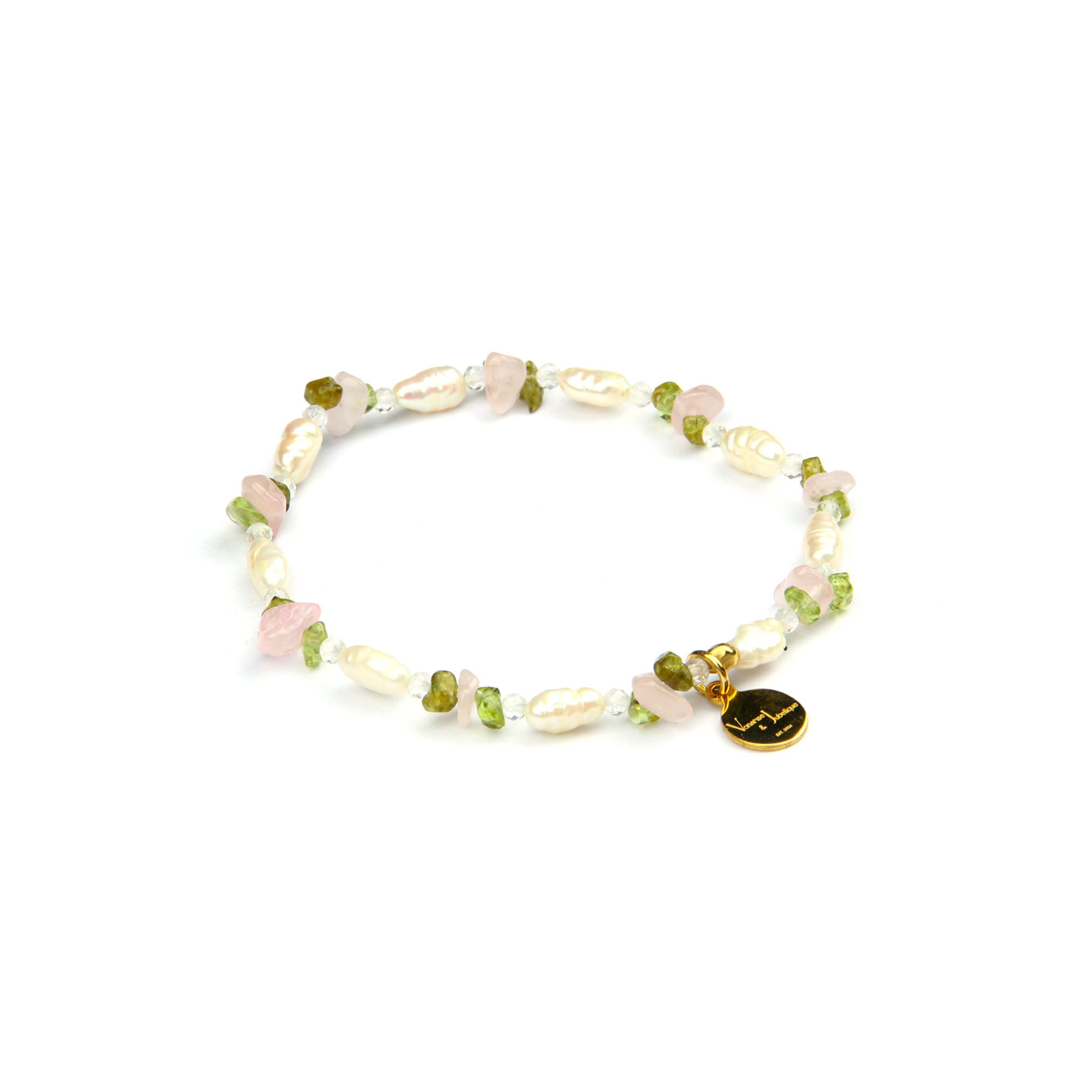 fresh water pearl with rose quartz and peridot crystal elastic bracelet