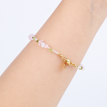back view of rose quartz bracelet with peridot opal and clear quartz