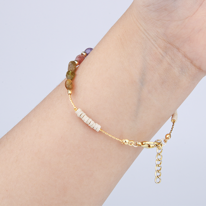 pink and green raw tourmaline shpae crystal with 18k gold chain and beads and white pottery slides braclet for women energy protection crystal bracelet