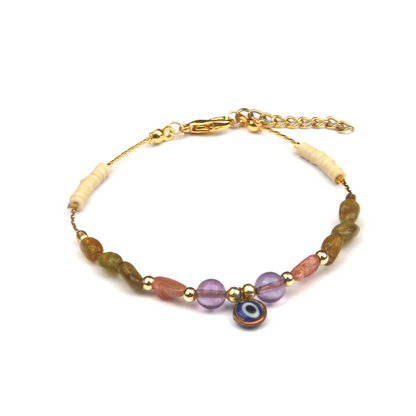 pink and green raw tourmaline shpae crystal with 18k gold chain and beads and white pottery slides braclet for women energy protection crystal bracelet