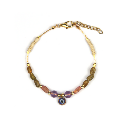pink and green raw tourmaline shpae crystal with 18k gold chain and beads and white pottery slides braclet for women energy protection crystal bracelet
