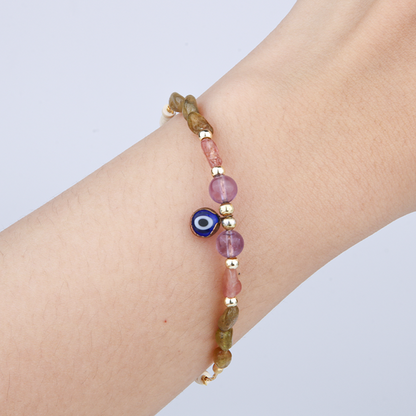 pink and green raw tourmaline shpae crystal with 18k gold chain and beads and white pottery slides braclet for women energy protection crystal bracelet