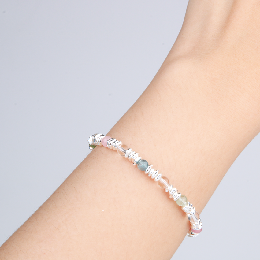 Rainbow Tourmaline with Moonstone and 18k Gold Beads Bracelet