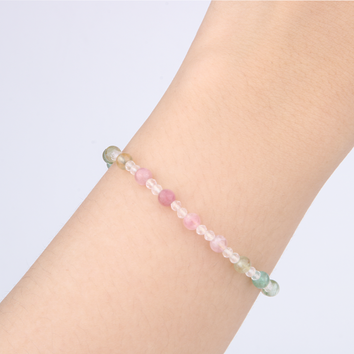Minimalist extra thin crystal bracelet with rainbow tourmaline and 2mm faceted clear quartz, 2-5mm overall design