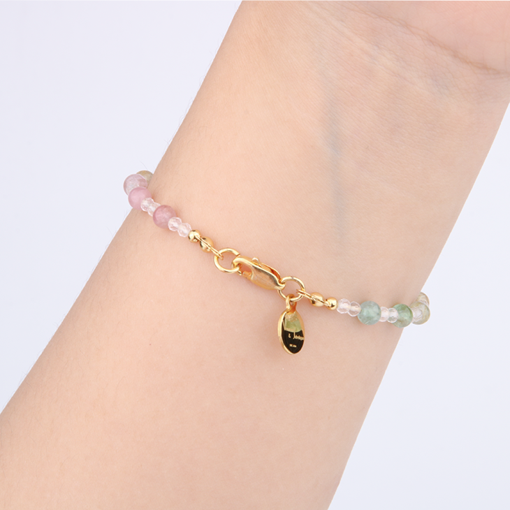 Minimalist extra thin crystal bracelet with rainbow tourmaline and 2mm faceted clear quartz, 2-5mm overall design