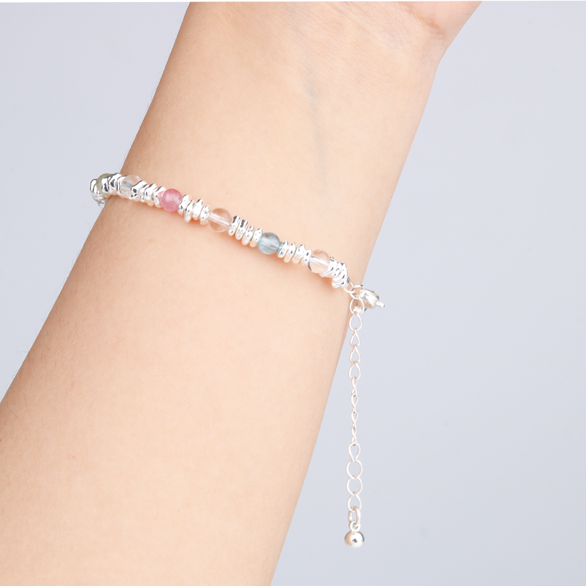 Rainbow Tourmaline with Clear Quartz and S925 Silver Beads Bracelet