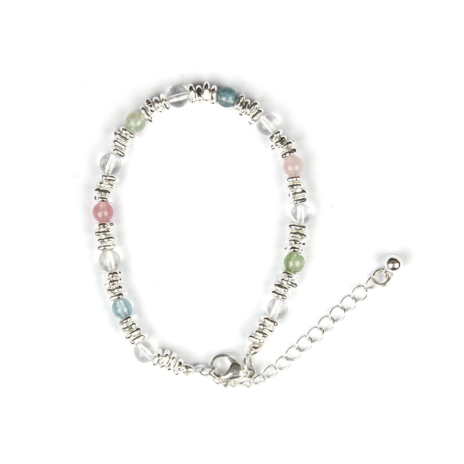 Rainbow Tourmaline with Clear Quartz and S925 Silver Beads Bracelet