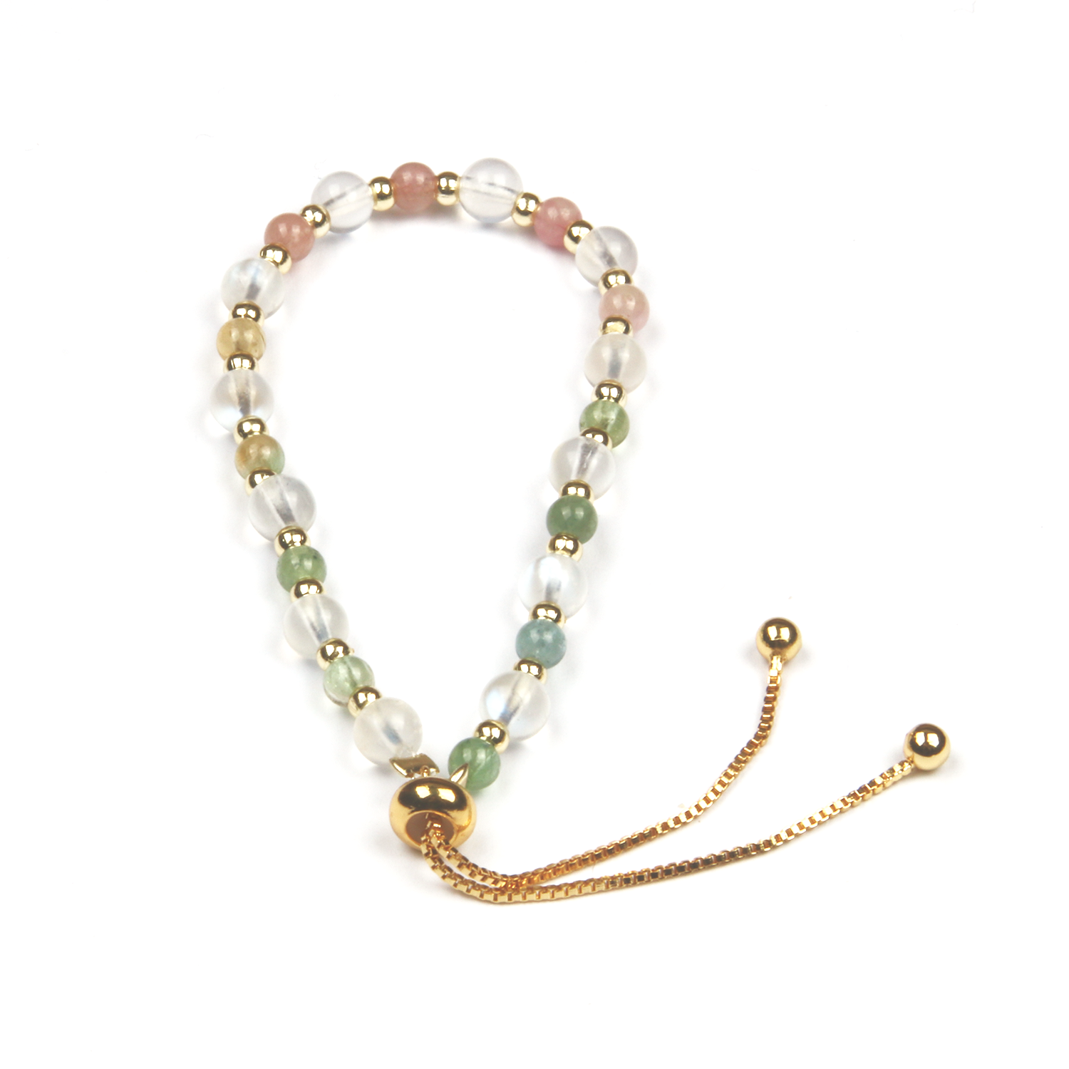 Rainbow Tourmaline with Moonstone and 18k Gold Beads Bracelet