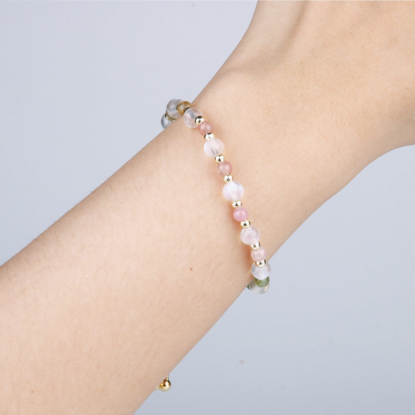 Rainbow Tourmaline with Moonstone and 18k Gold Beads Bracelet