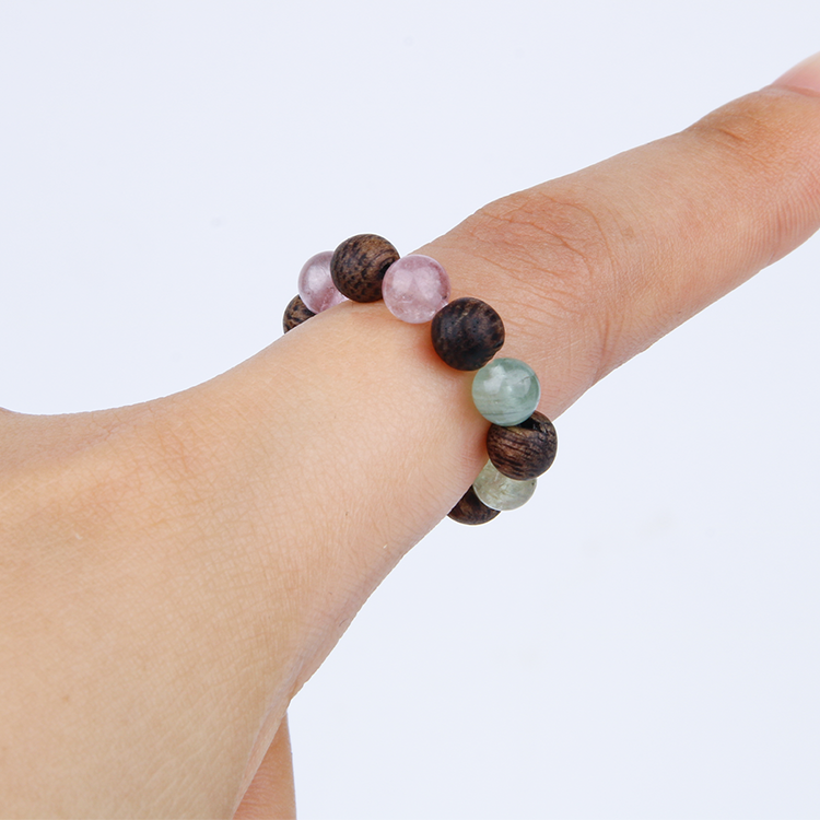wood with rainbow tourmaline minimalist natural crystal beaded ring