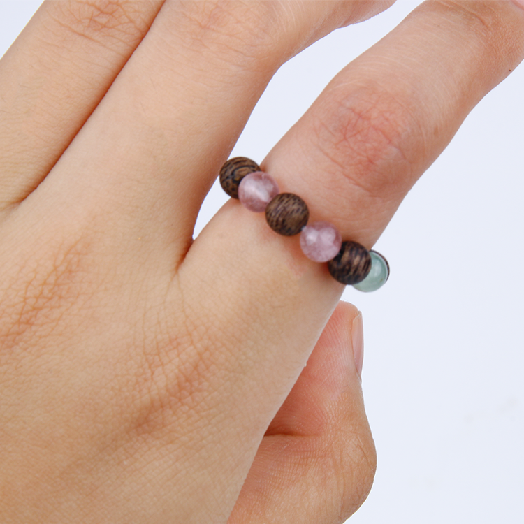 wood with rainbowtourmaline crystal beaded ring for energy balance 