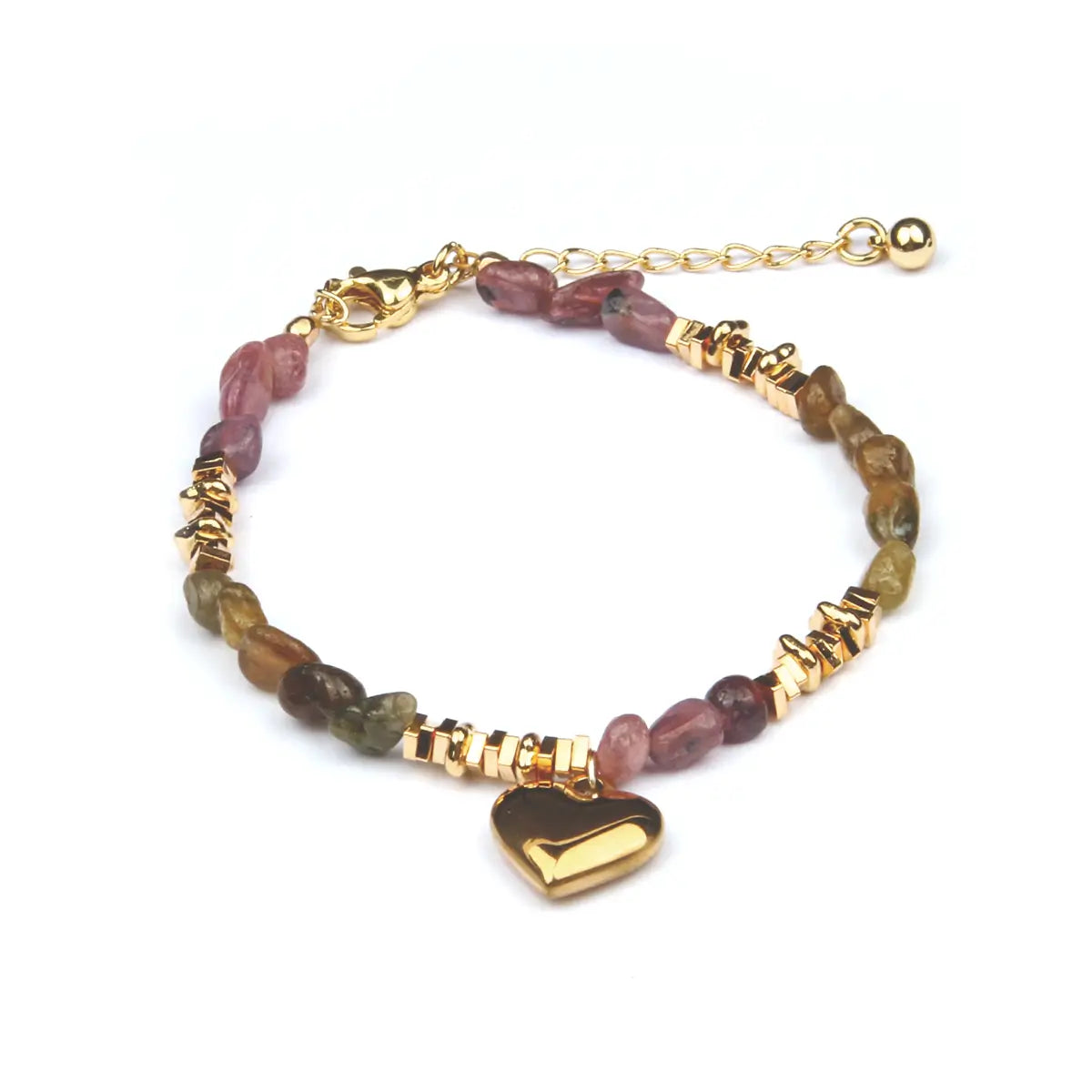 A gold-plated beaded bracelet featuring natural pink and green tourmaline beads and a polished gold heart charm, displayed on a clean white background.