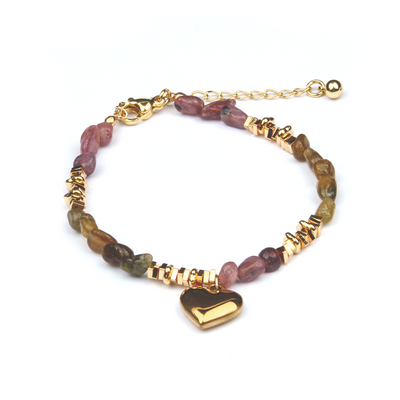 raw shape pink and green tourmaline and 18k gold accent crystal bracelet minimalist boho and elegance crystal jewelry gift for her