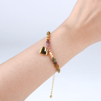 raw shape pink and green tourmaline and 18k gold accent crystal bracelet minimalist boho and elegance crystal jewelry gift for her