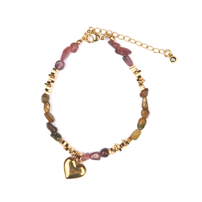 raw shape pink and green tourmaline and 18k gold accent crystal bracelet minimalist boho and elegance crystal jewelry gift for her