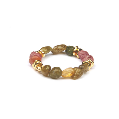 raw shape pink and green tourmaline and 18k gold accent crystal ring minimalist boho and elegance crystal jewelry gift for her