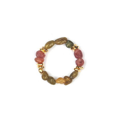 raw shape pink and green tourmaline and 18k gold accent crystal ring minimalist boho and elegance crystal jewelry gift for her