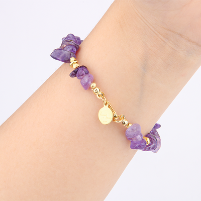 Minimalist bracelet with raw-shaped amethyst, 18K threaded cat’s eye beads, and 18K raw gold beads