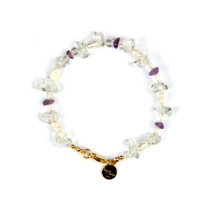 Minimalist bracelet with raw-shaped clear quartz, small round clear quartz, raw amethyst, and freshwater pearls