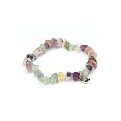 Minimalist chip crystal bracelet with raw-shaped fluorite, featuring multicolored hues and balancing crystal energy