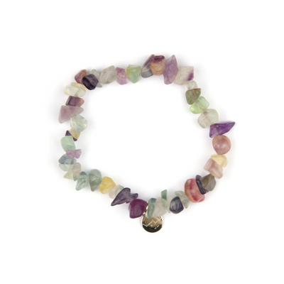 Minimalist chip crystal bracelet with raw-shaped fluorite, featuring multicolored hues and balancing crystal energy