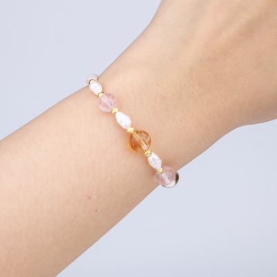 raw shape fresh water pearl with 18k gold threaded cat_s eye beads and 8mm citrine and 7mm starlight rose quartz bracelet for women gift for girl friend