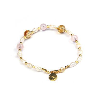raw shape fresh water pearl with 18k gold threaded cat_s eye beads and 8mm citrine and 7mm starlight rose quartz bracelet for women gift for girl friend