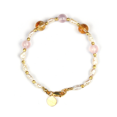 raw shape fresh water pearl with 18k gold threaded cat_s eye beads and 8mm citrine and 7mm starlight rose quartz bracelet for women gift for girl friend