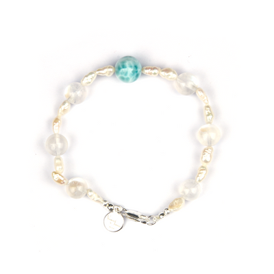 raw shape fresh water pearl with 8.5mm blue moonstone and one 11mm larimar bracelet for women gift for girl friend
